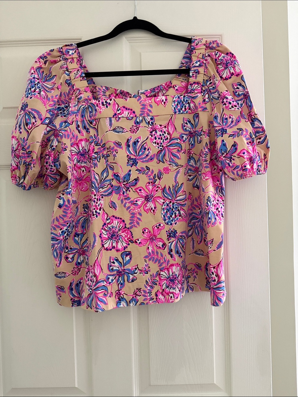 Lilly Pulitzer Pink, Blue and Cream Floral Square-Neck Puff Sleeve Top